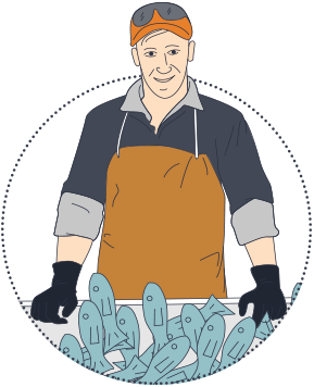 Illustration of man in front of bucket of fish